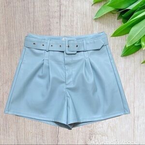 Francescas Blue Rain Faux Leather Light Blue Belted Shorts Womens Large